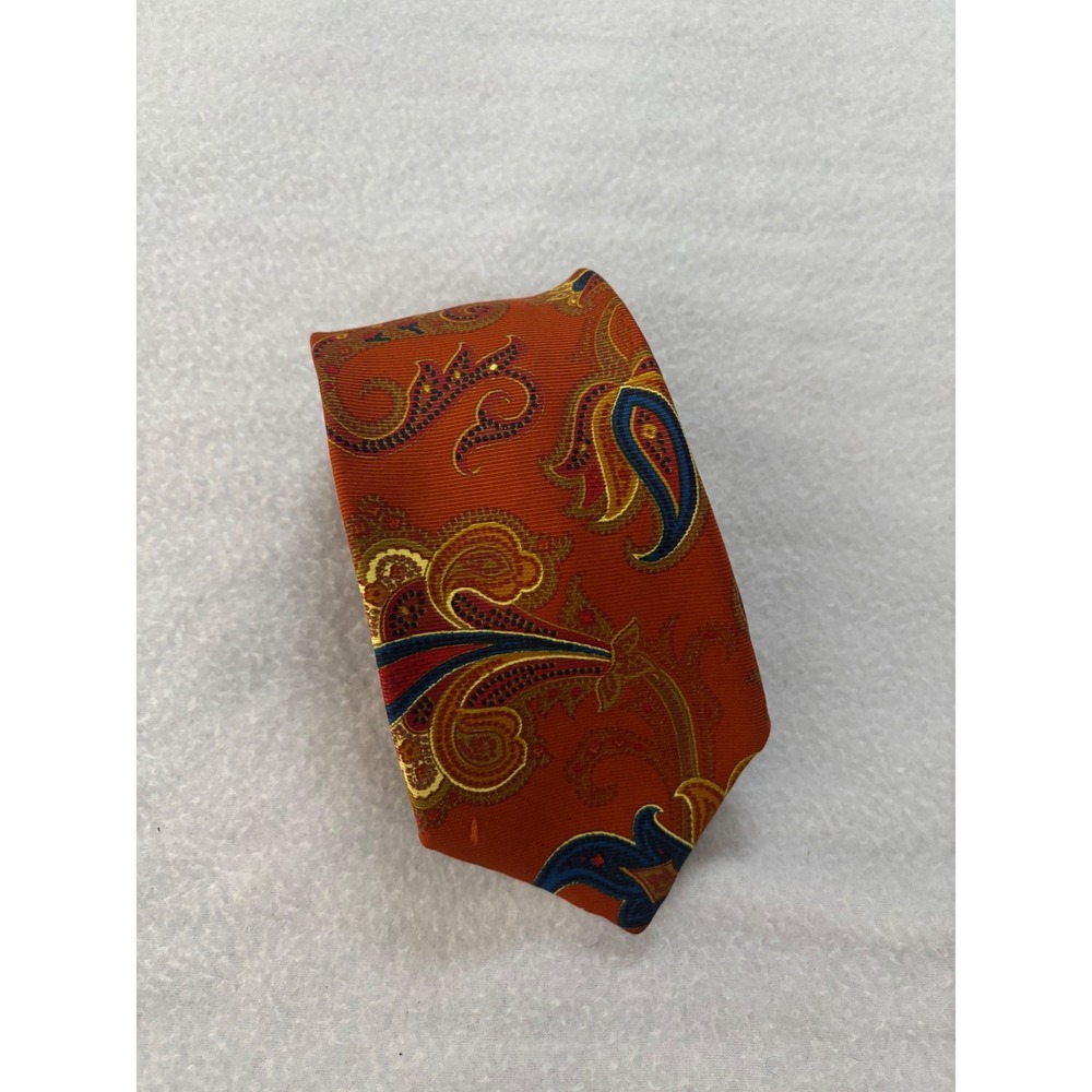 Brooks Brothers Makers Mens Silk Paisley Tie Burnt Orange Blue Gold Handmade